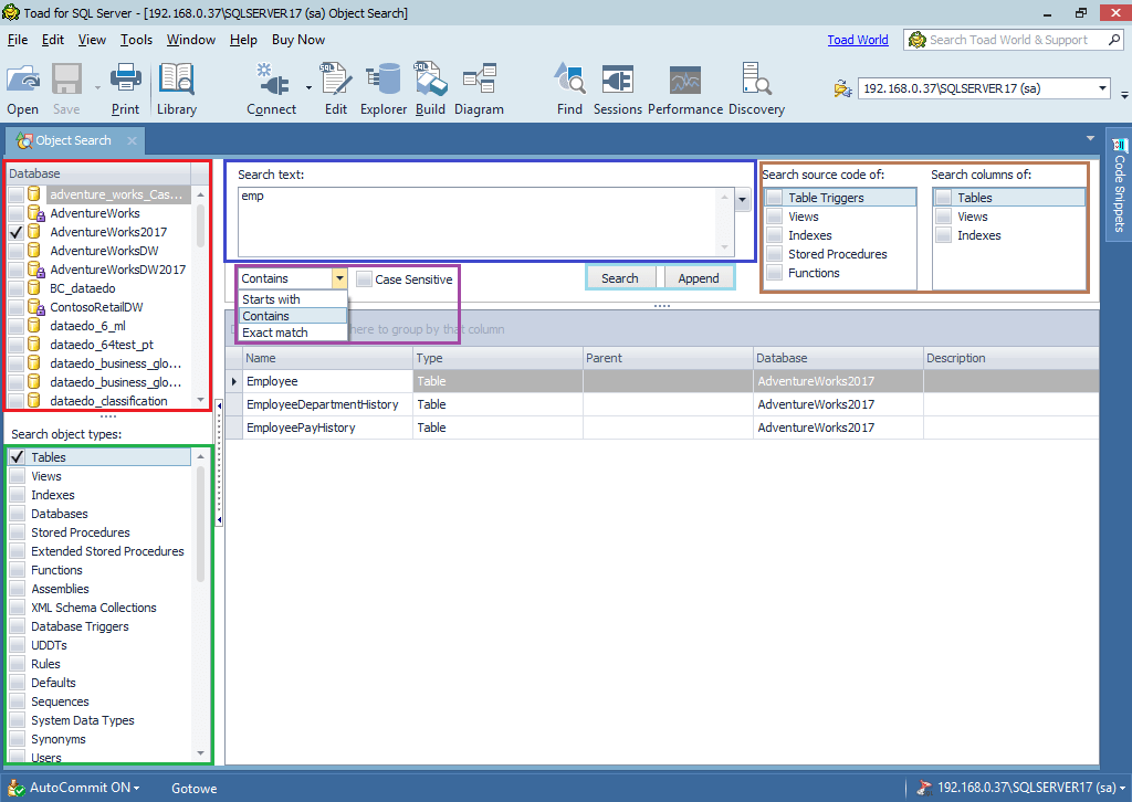 How to find table in a database with Toad for SQL Server Toad for SQL