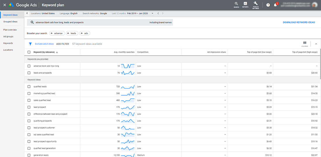 Google Adwords keyword research tool and planner API ⓴⓴. Keywords