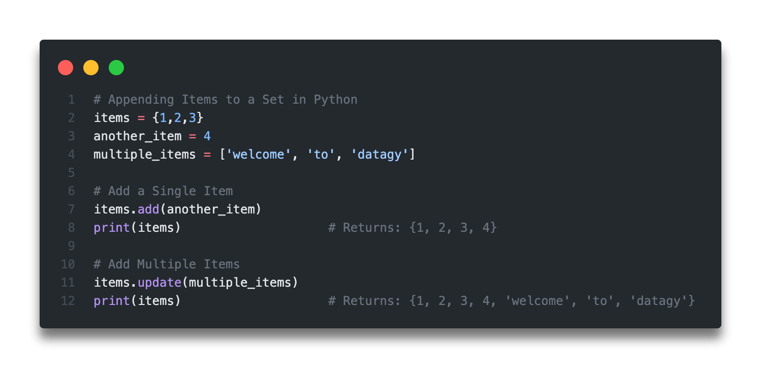 How to Append to a Set in Python Python Set Add() and Update() • datagy