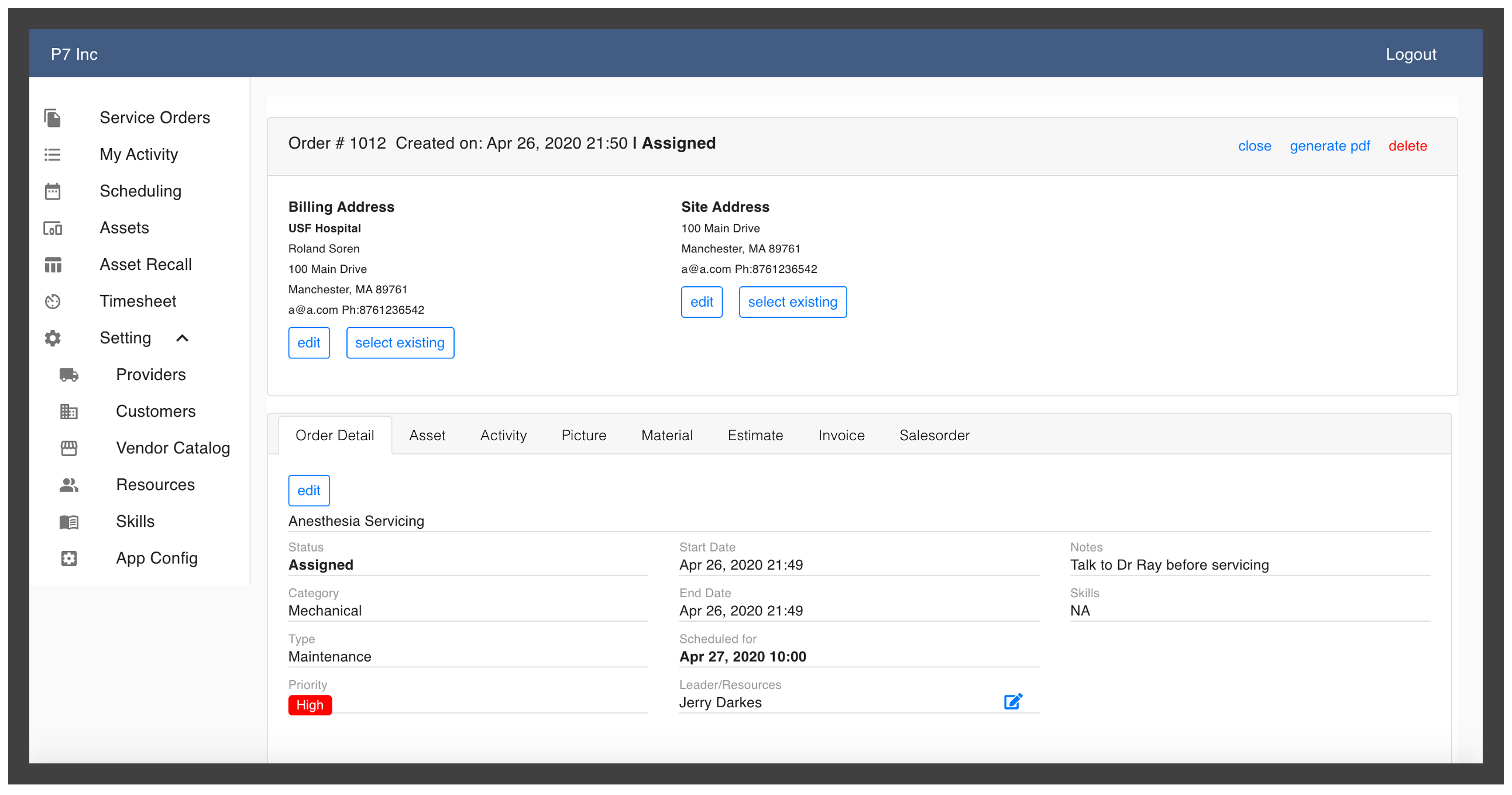 Work Order Purchase Order, Inventory, Field Service, invoice, Sales