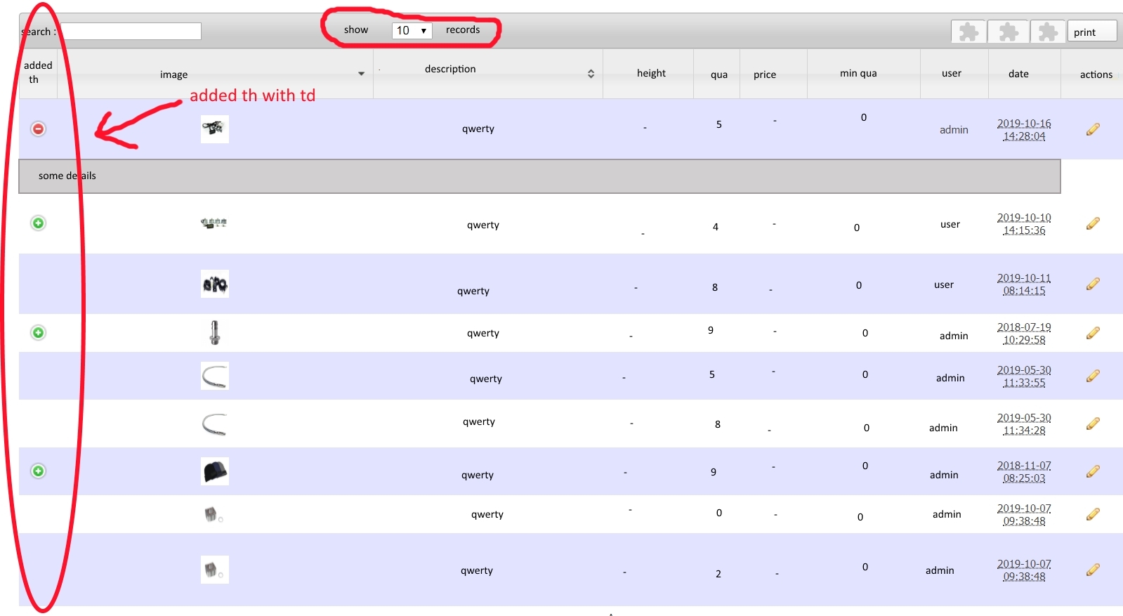 Details row works for showing 10 records, but does not work for showing