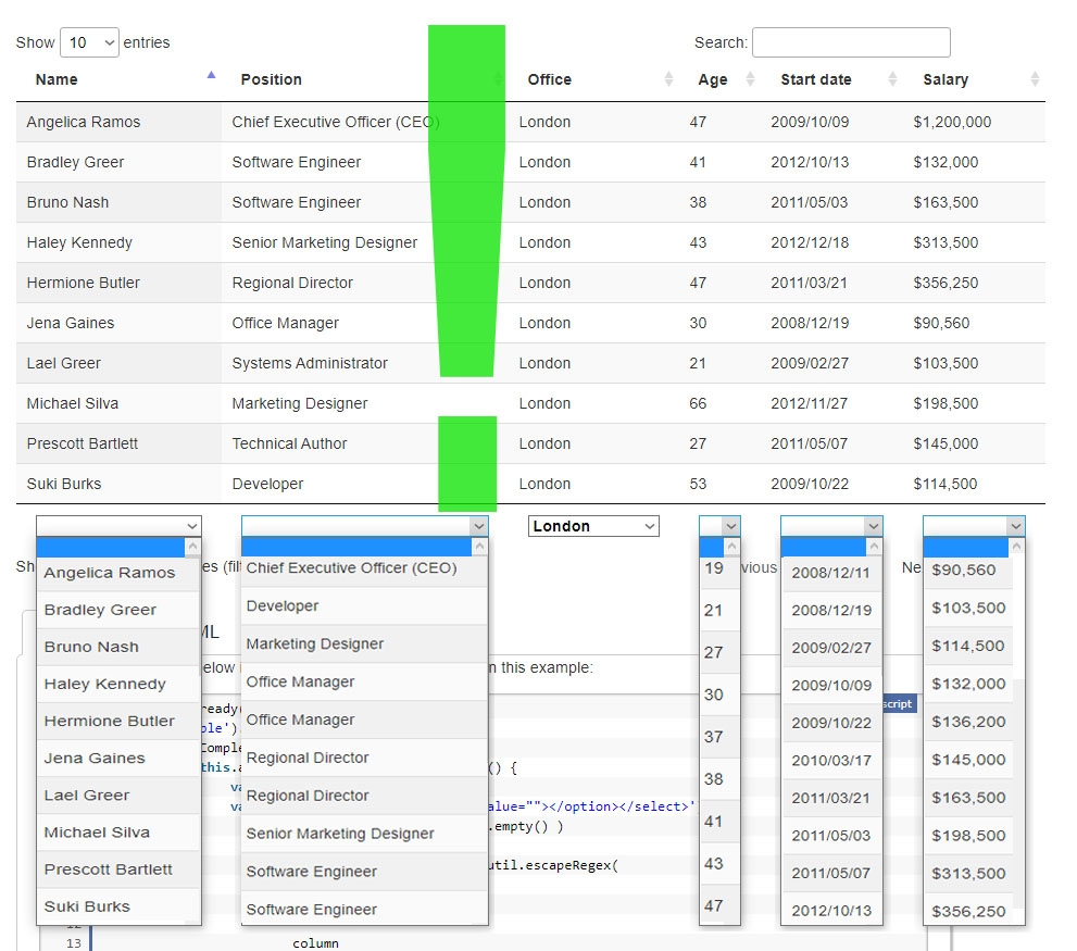 Individual column searching (select inputs) — DataTables forums
