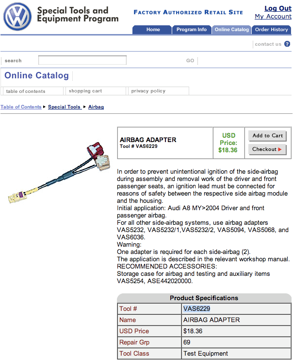 Screenshot from VW Special Tools site