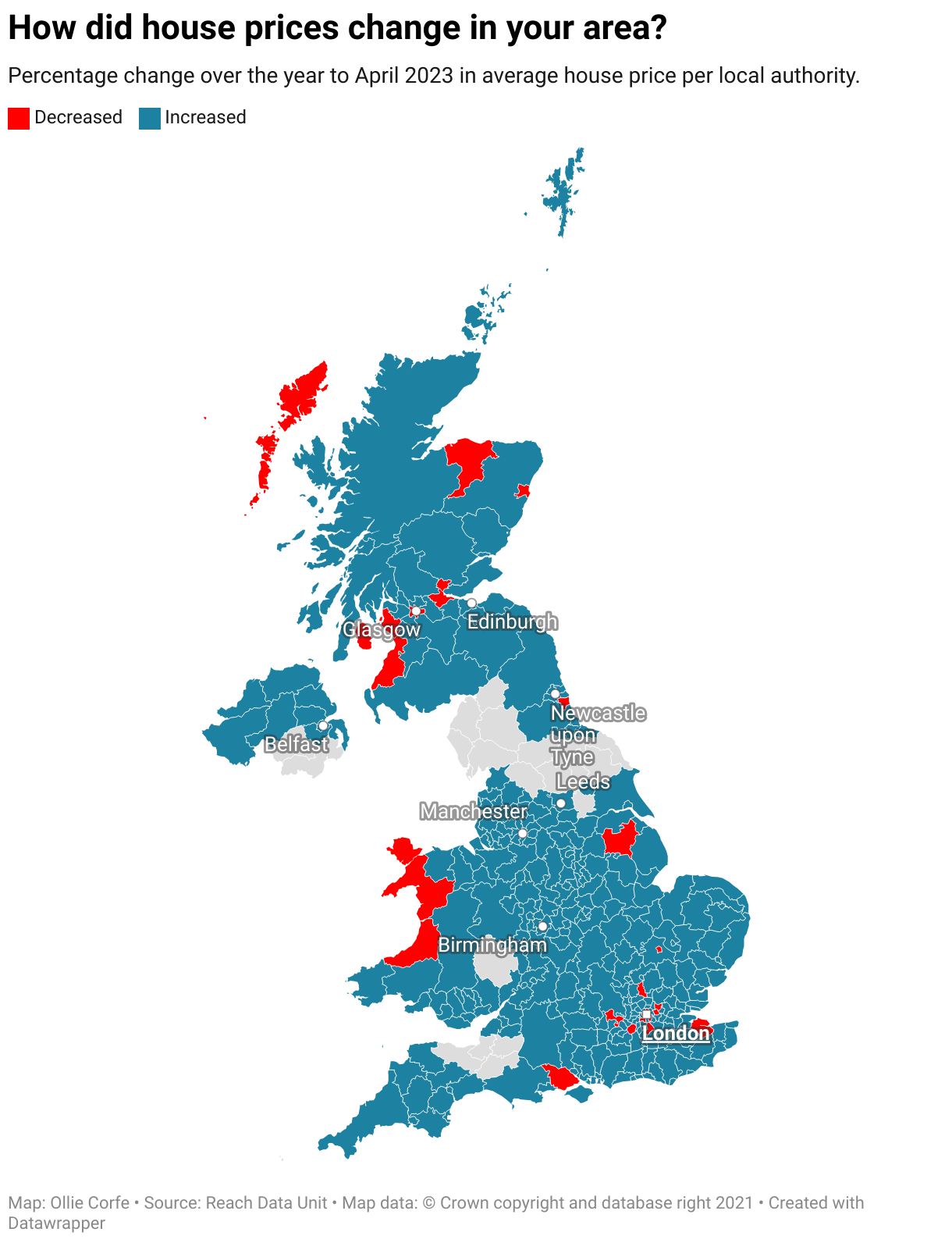 The UK towns where house prices are falling and rising the most
