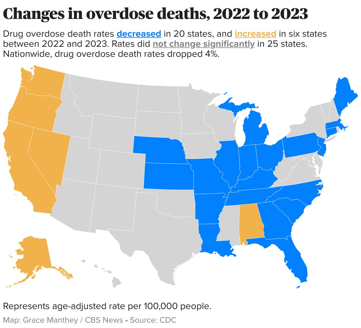 Map shows drug overdose death trends by state as overall fatalities dip