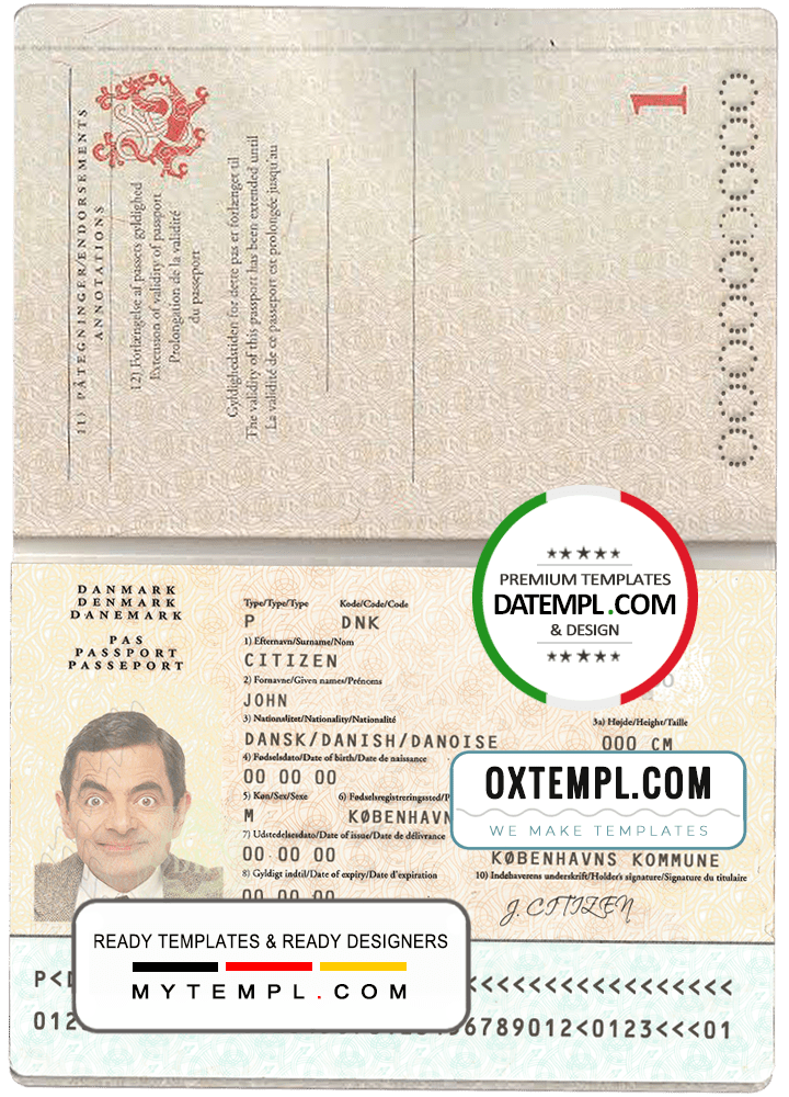 Denmark passport template in PSD format, fully editable Datempl
