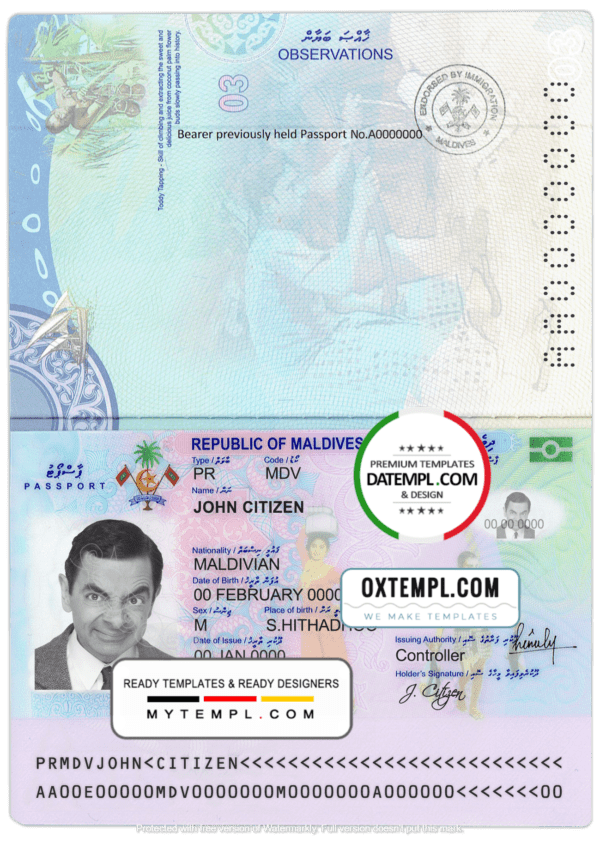 Maldives passport template in PSD format, fully editable, with all
