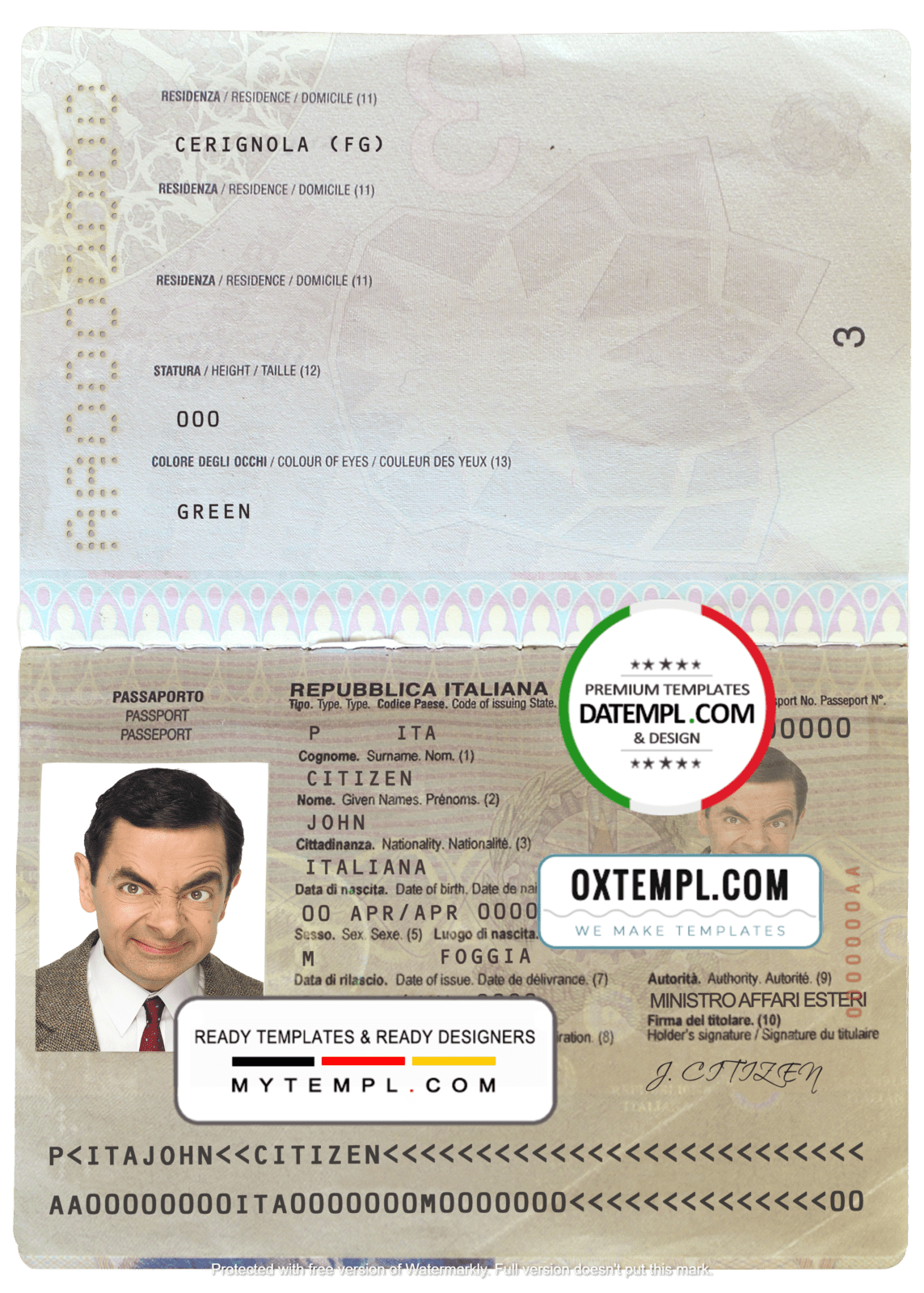 Italy passport template in PSD format, fully editable, with all fonts Datempl ready editable