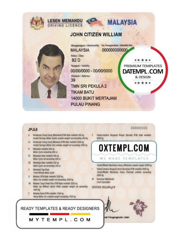 Malaysia driving license template in PSD format, fully editable