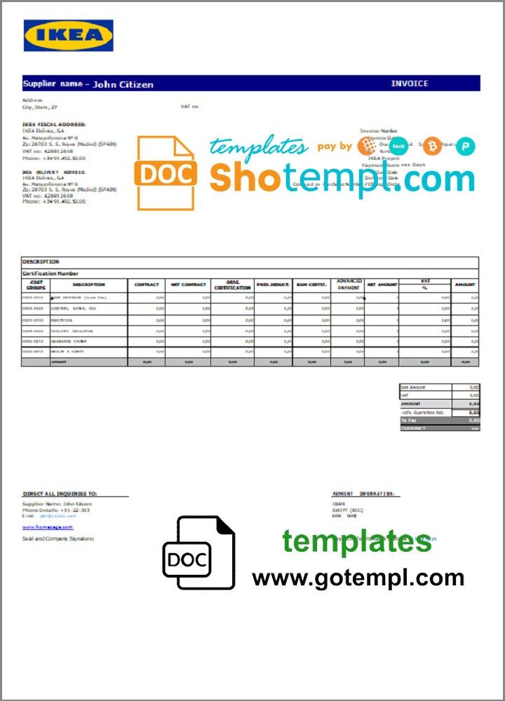 USA Ikea invoice template in Word and PDF format, fully editable Datempl ready editable