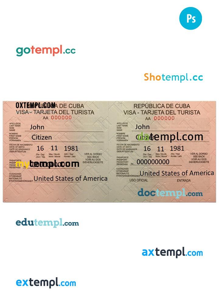 CUBA tourist visa PSD template, fully editable Datempl ready