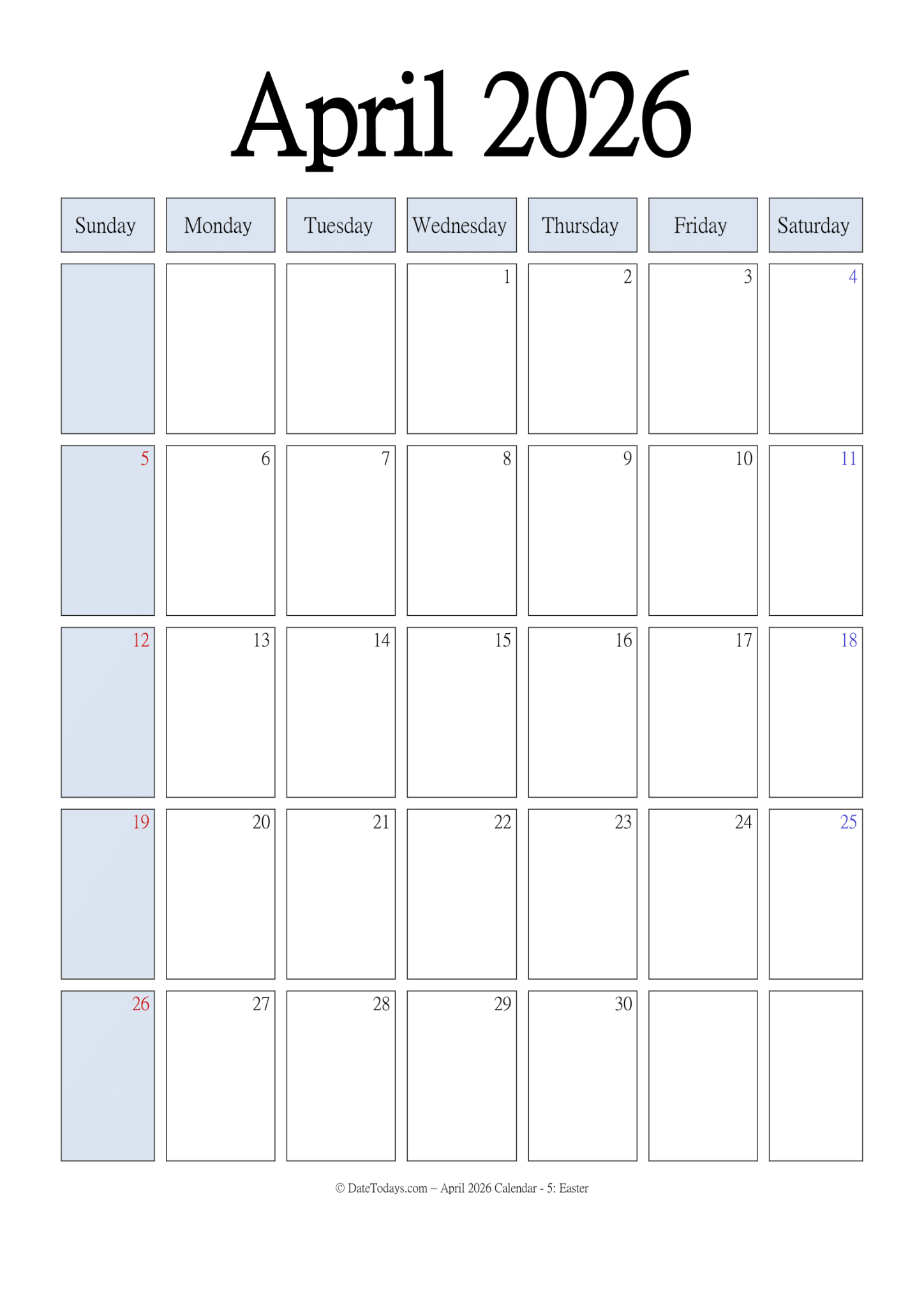 Printable April 2026 Calendar with Holidays Printable PDF