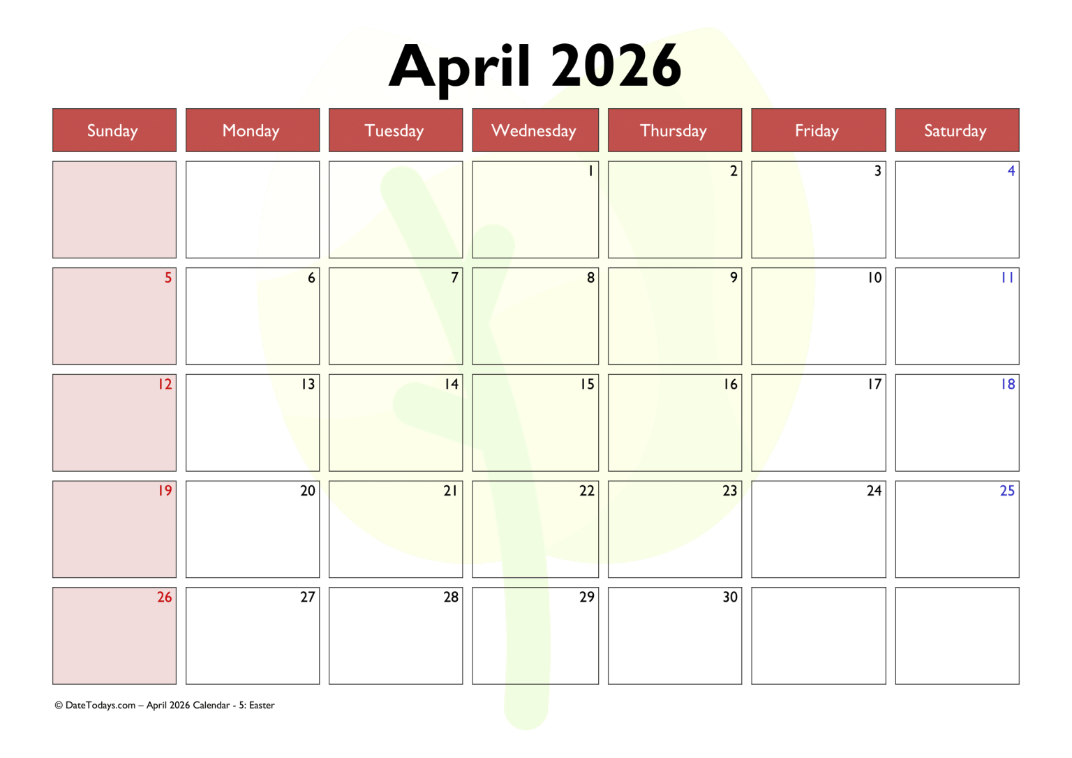 Printable April 2026 Calendar with Holidays Printable PDF