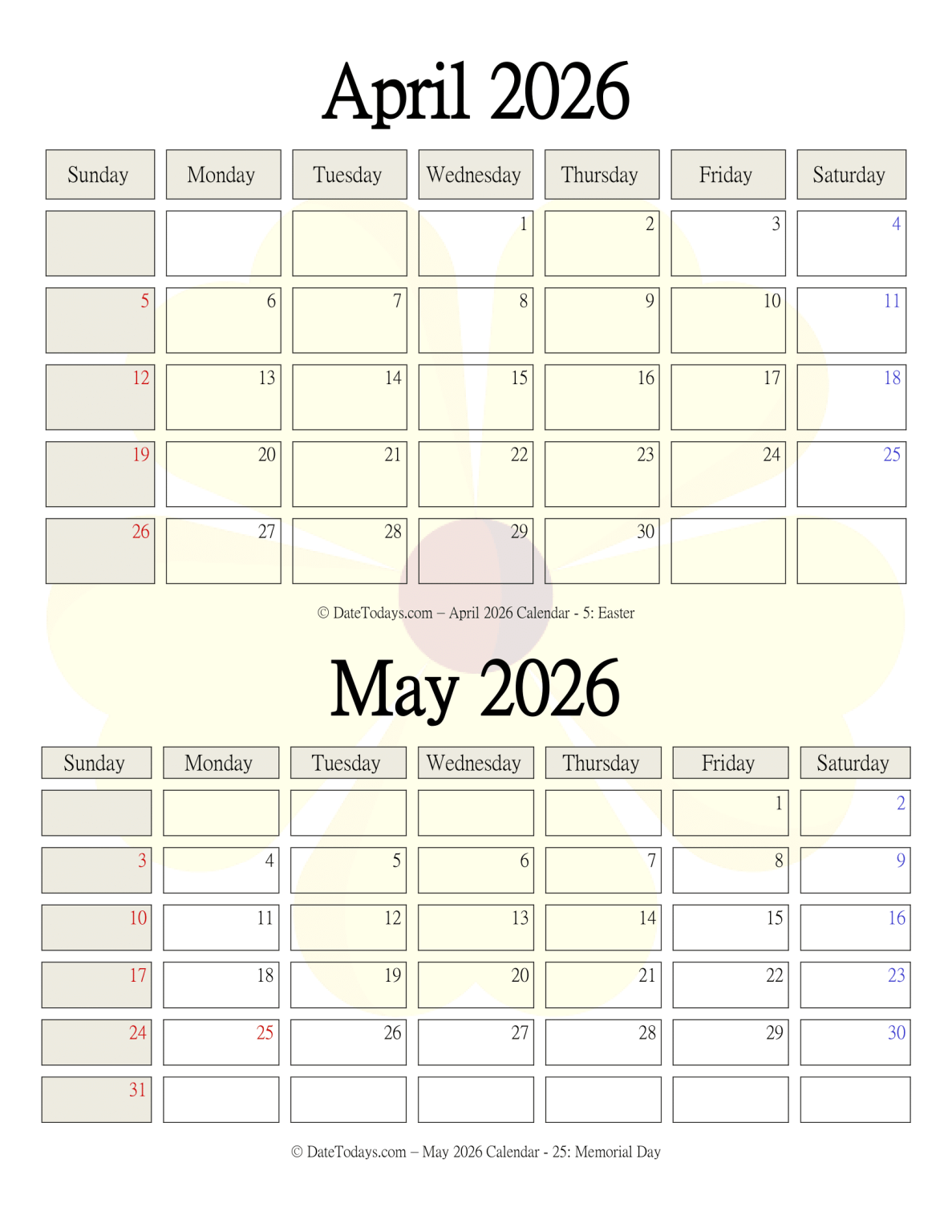 April May 2026 Calendar Printable PDF 2 Month Calendar