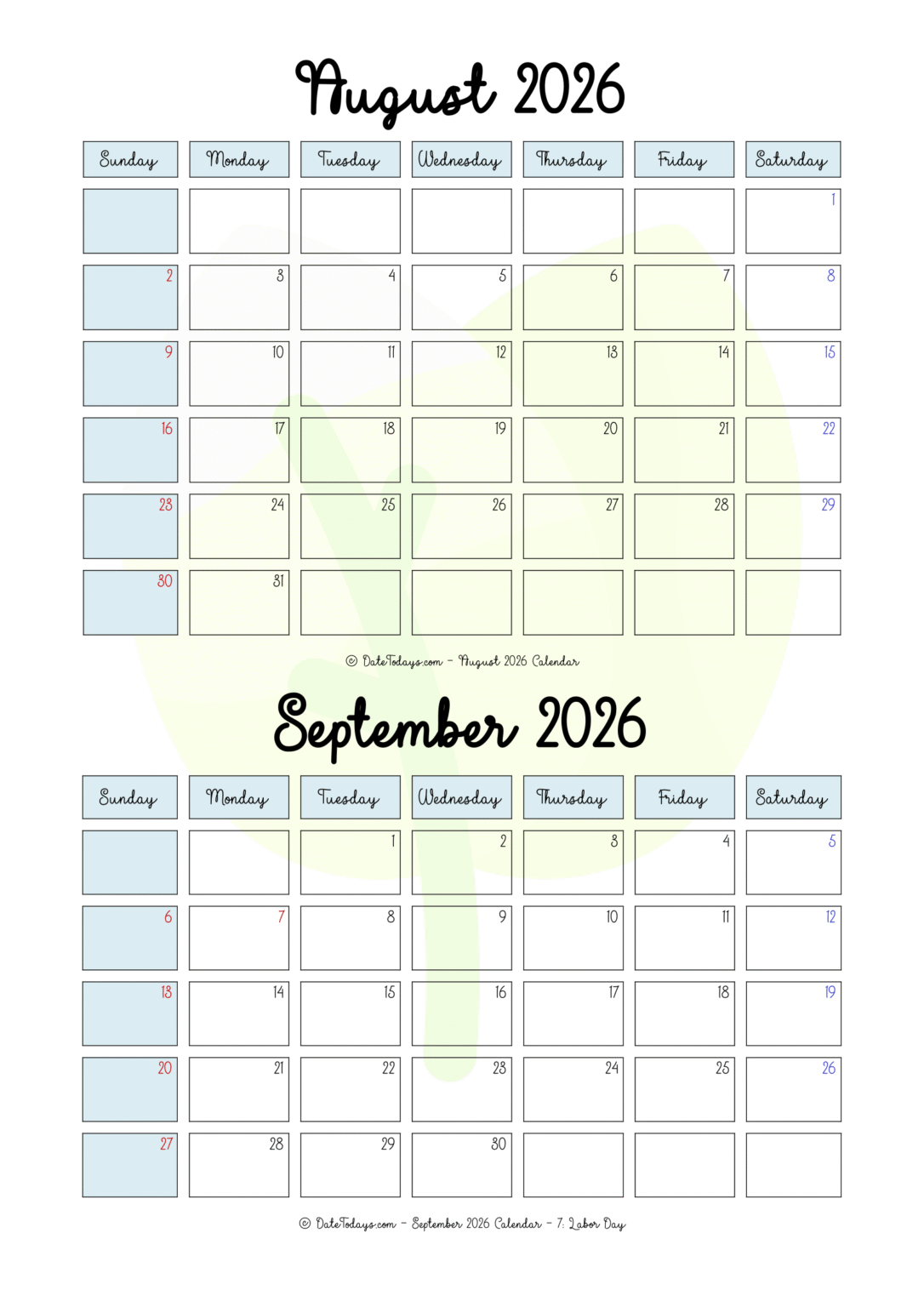 August September 2026 Calendar 2 Month Calendar