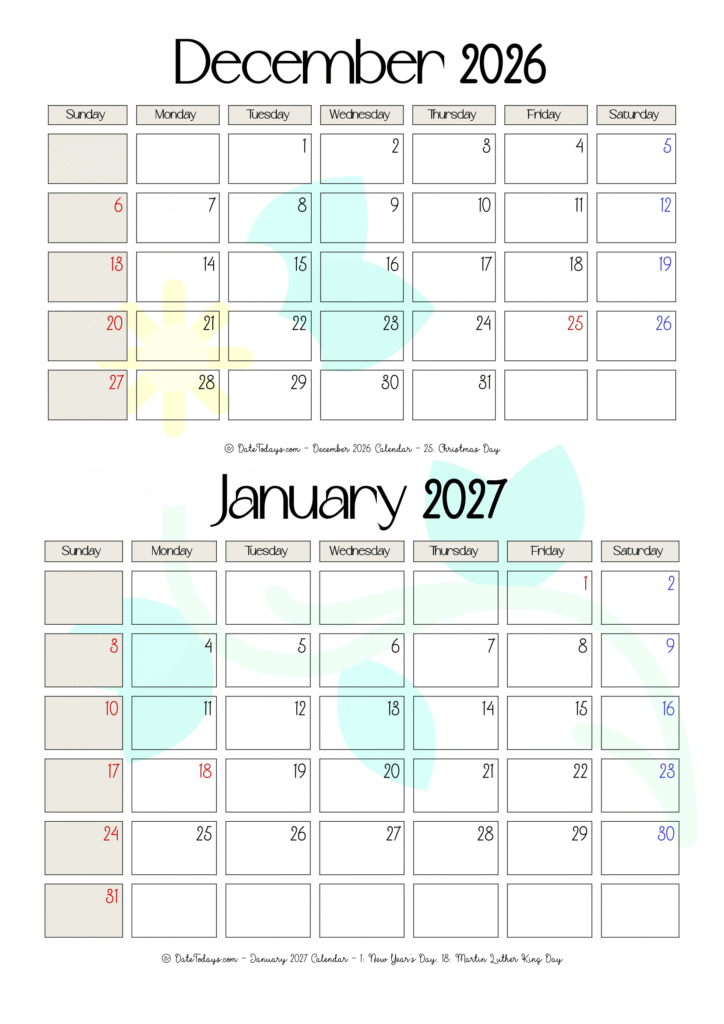 December 2026 January 2027 Calendar Date Today's