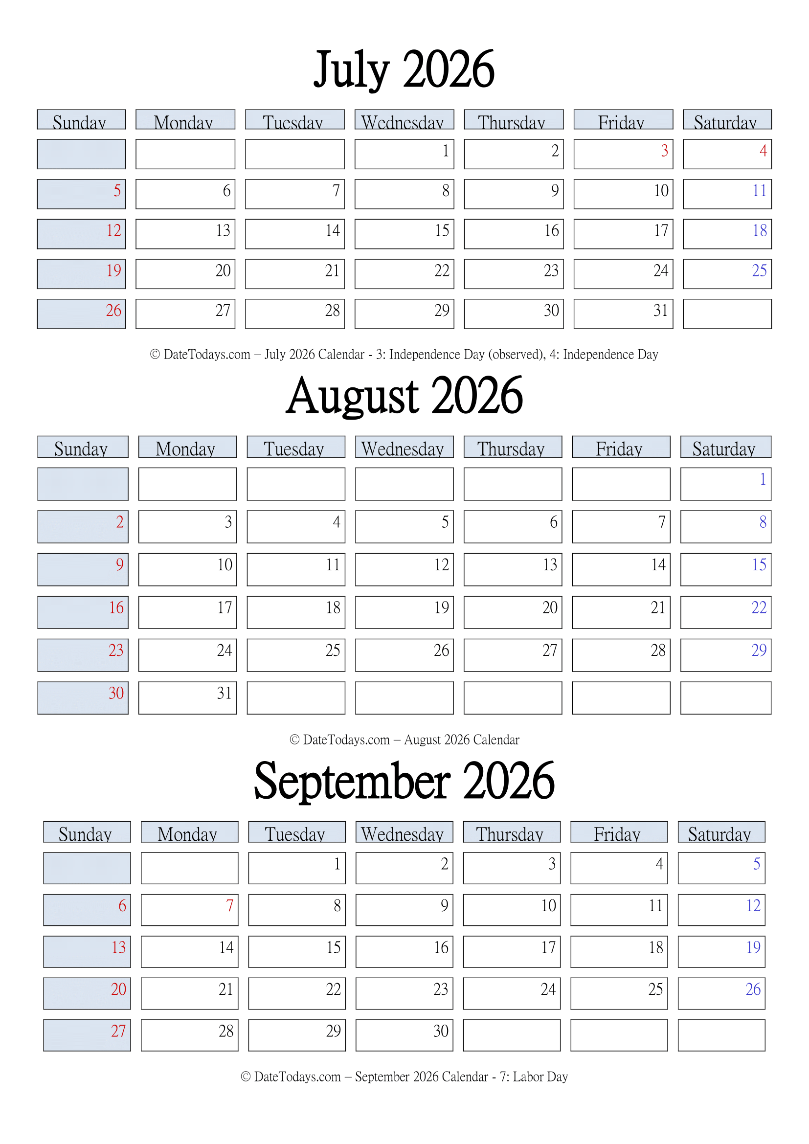 July August September 2026 Calendar Printable