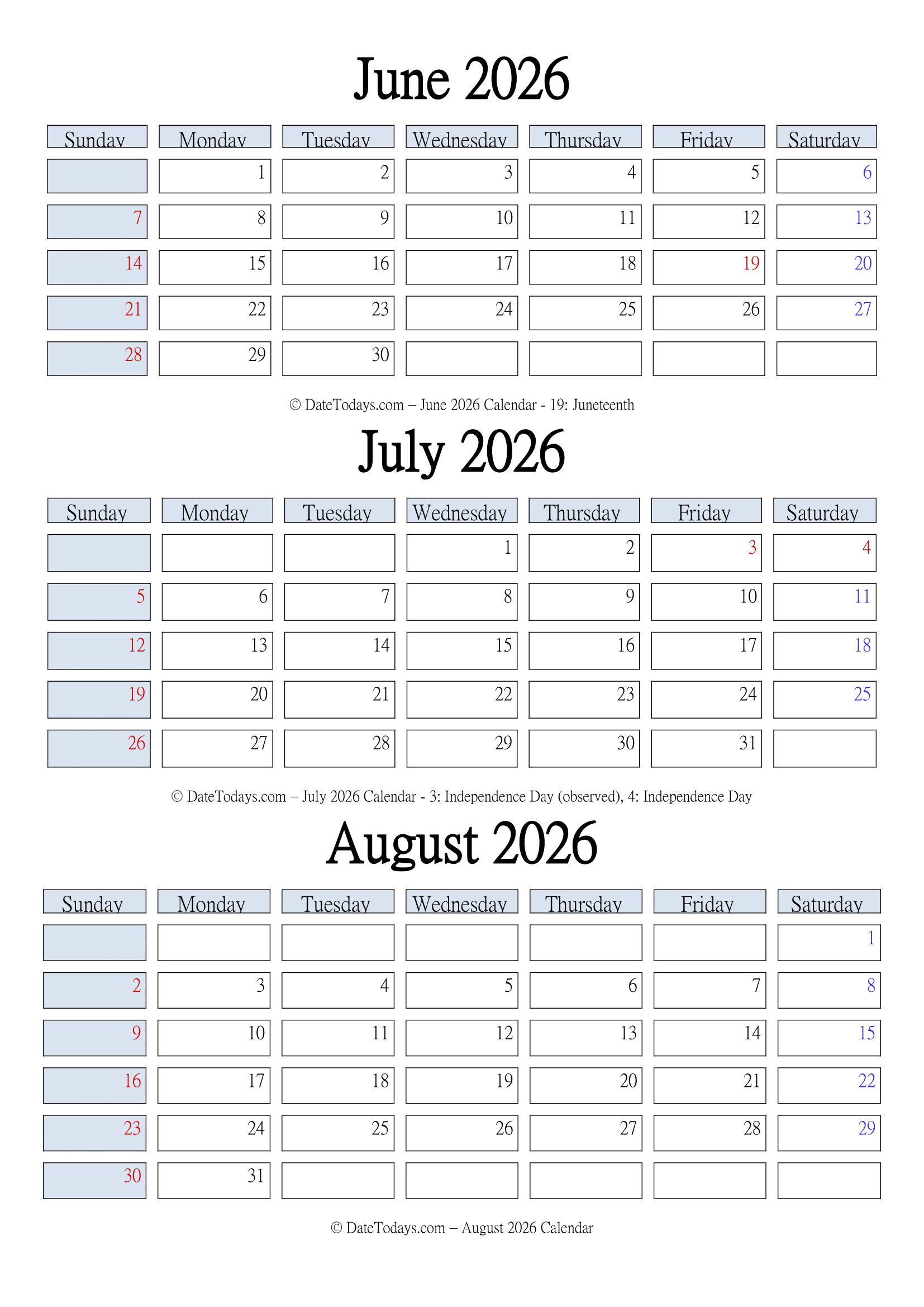 June July August 2026 Calendar Printable