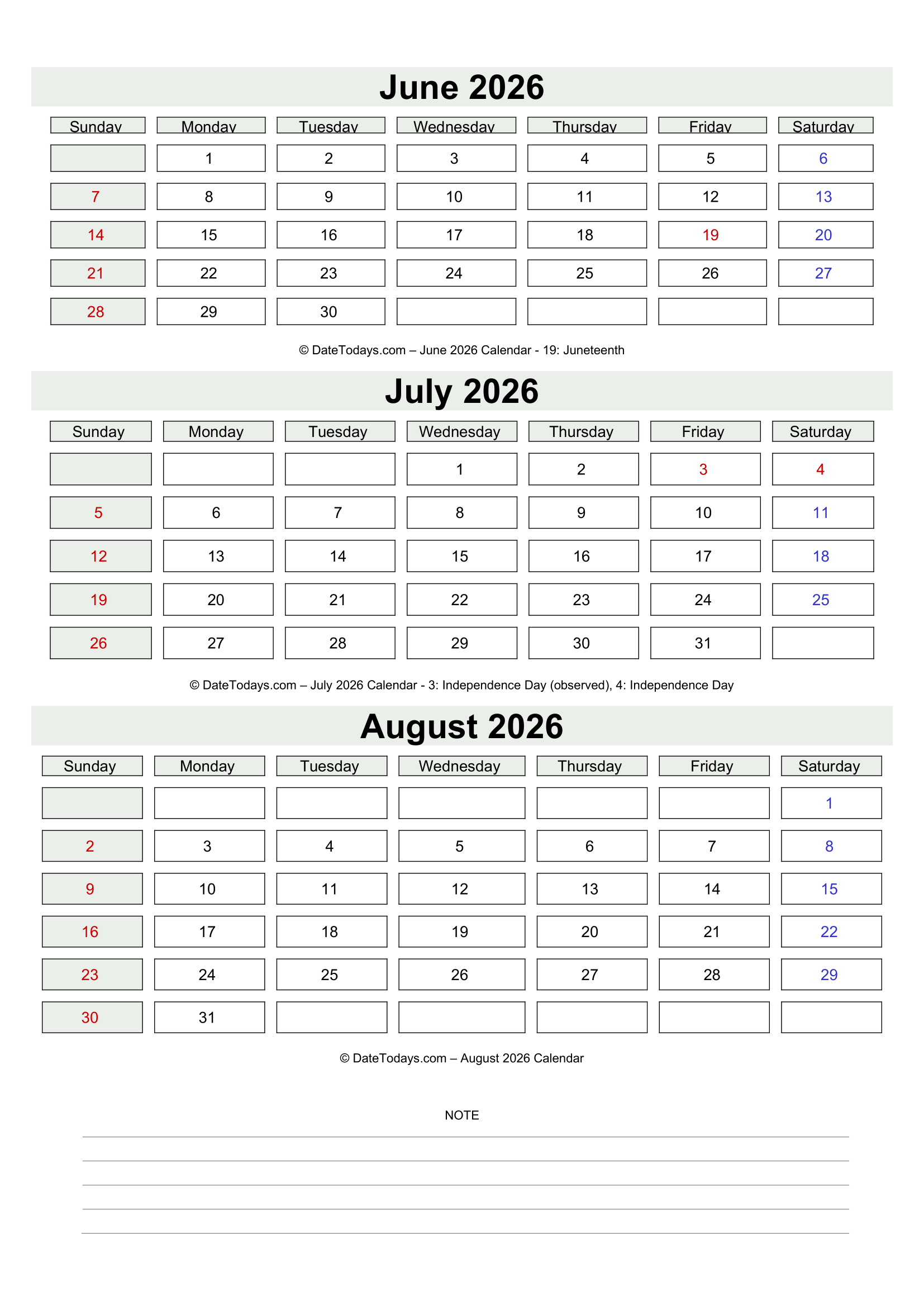 June July August 2026 Calendar Printable