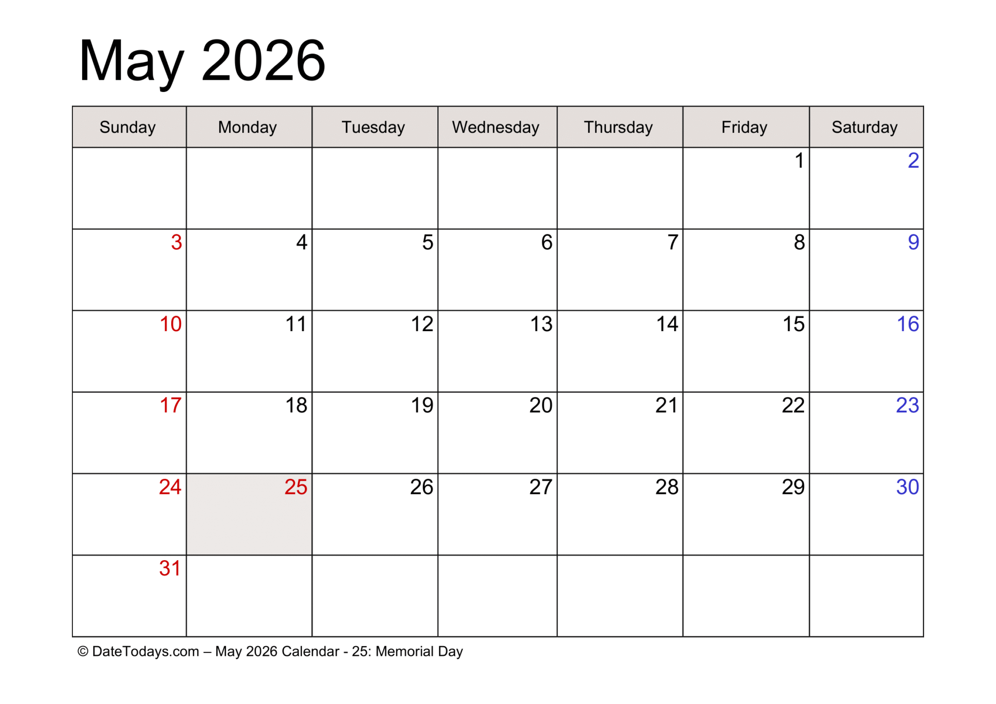 Free May 2026 Calendar with US Holidays Printable PDF