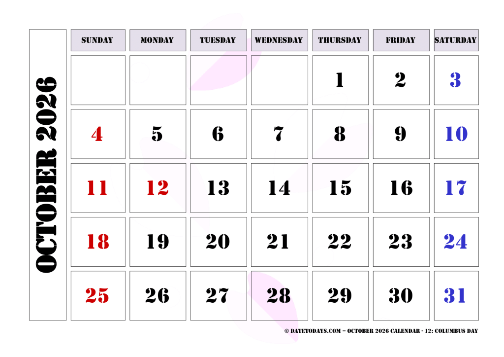 calendar 2026 october October 2026 Calendar with Holidays Printable PDF