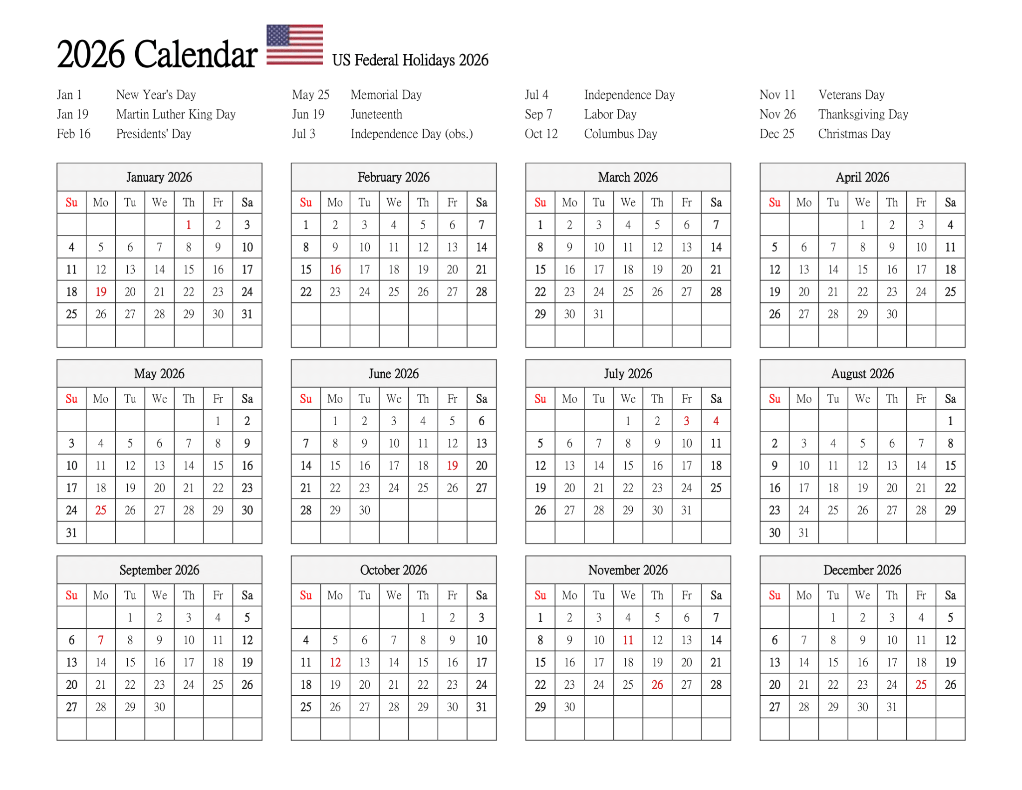 Printable 2026 Calendar with US Holidays One Page PDF