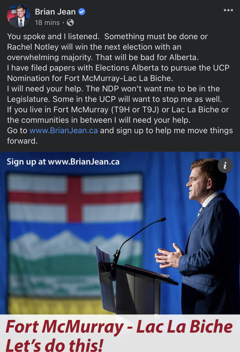 Here he goes, again. Brian Jean running for the UCP nomination in the Fort McMurrayLac La Biche