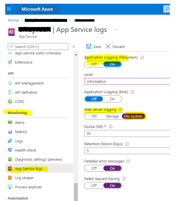 How to download Azure App Service web server and application log files direct from the Azure portal