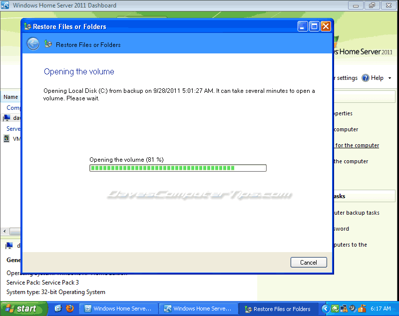 The Windows Home Server 2011 Dashboard Computers and Backup tab