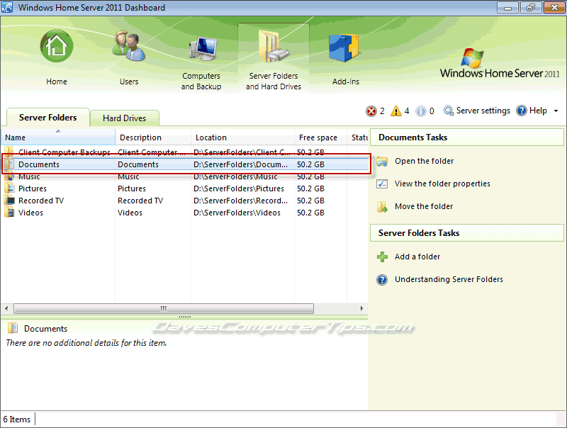 The Windows Home Server 2011 Dashboard Server Folders and Hard Drives