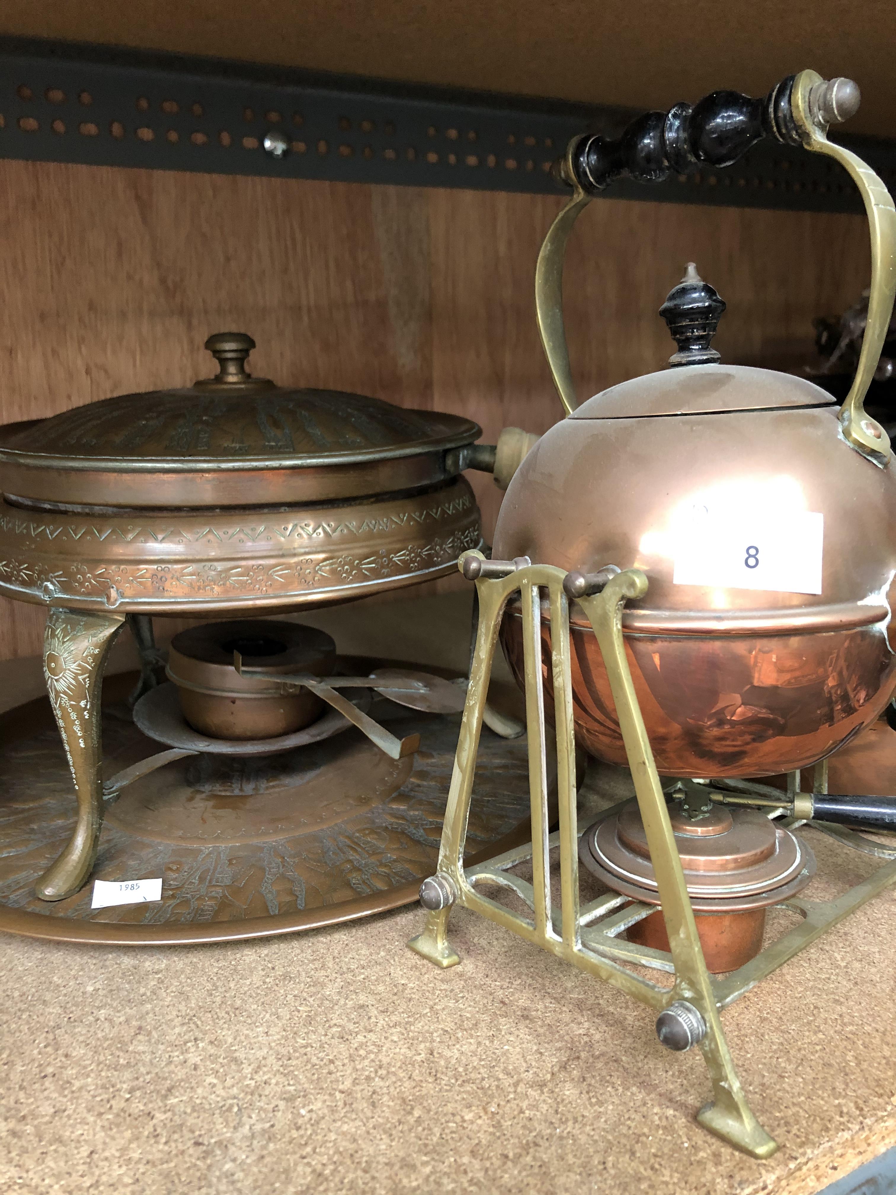 Lot 8 A copper kettle with stand and burner, two