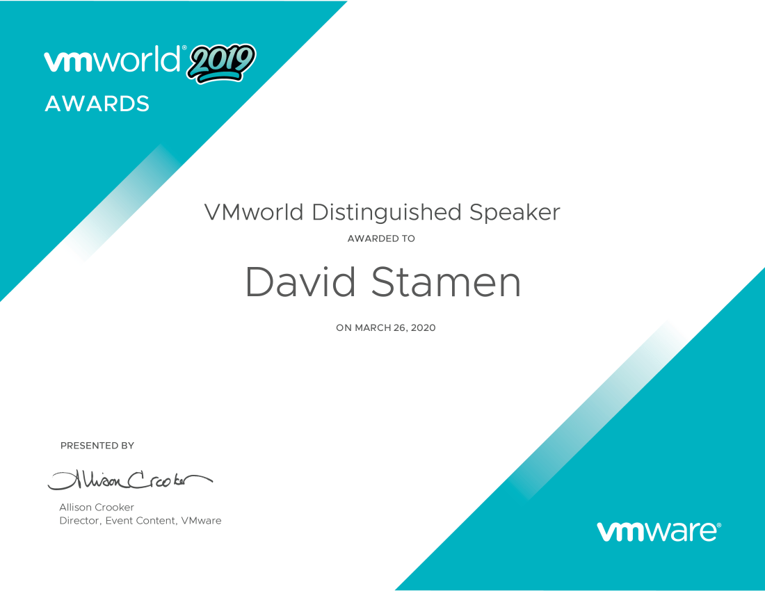 VMworld 2019 Distinguished Speaker Award davidstamen