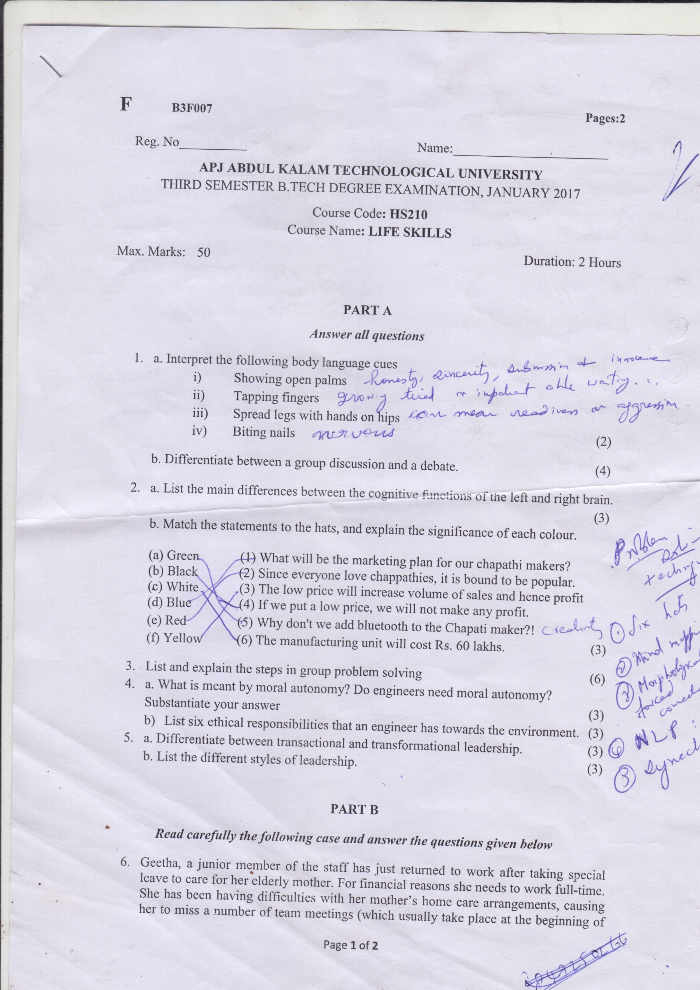 Soft skills! Answers to question paper of B.Tech 3rd Sem, KTU, January