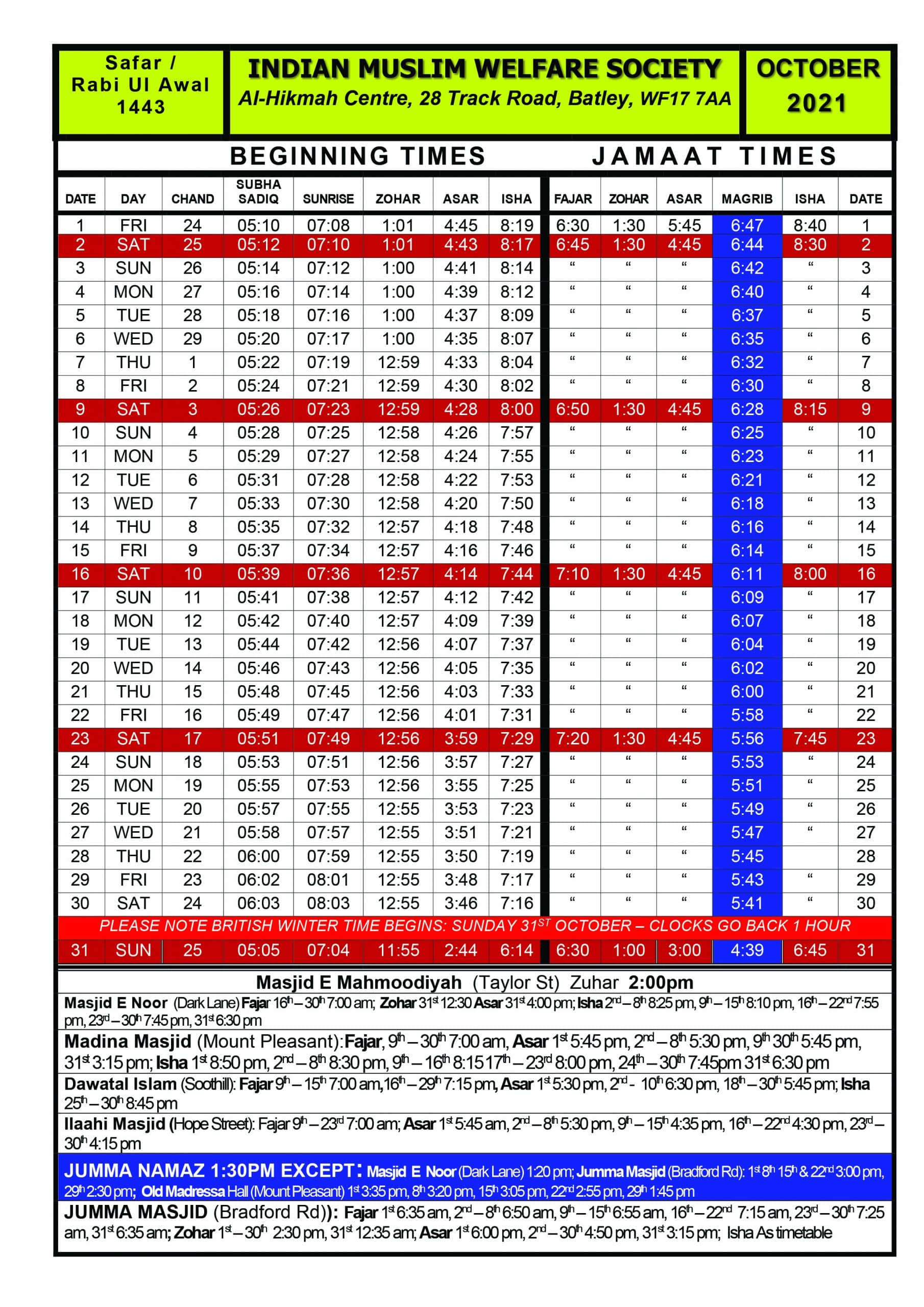 Salaah Timetable Dawatal Islam Mosque