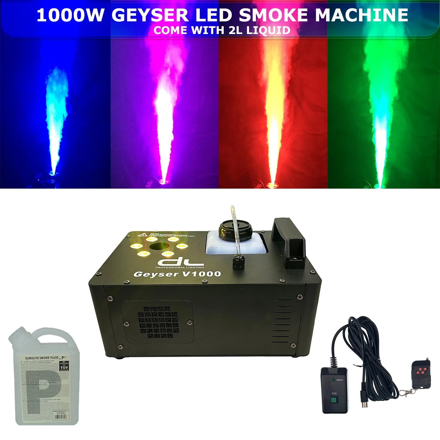 DL Geyser Vertical 1000W LED Fog Machine with Timer, DMX and Wireless
