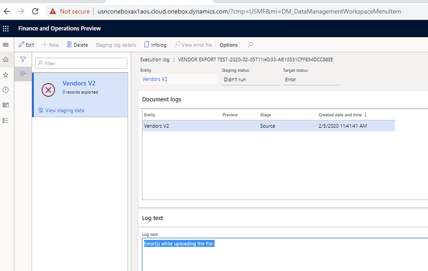 Data entity export error Azure Storage Emulator issue