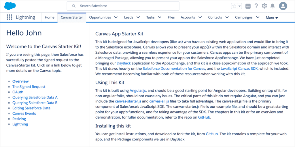 Canvas App Starter Kit for Salesforce DayBack