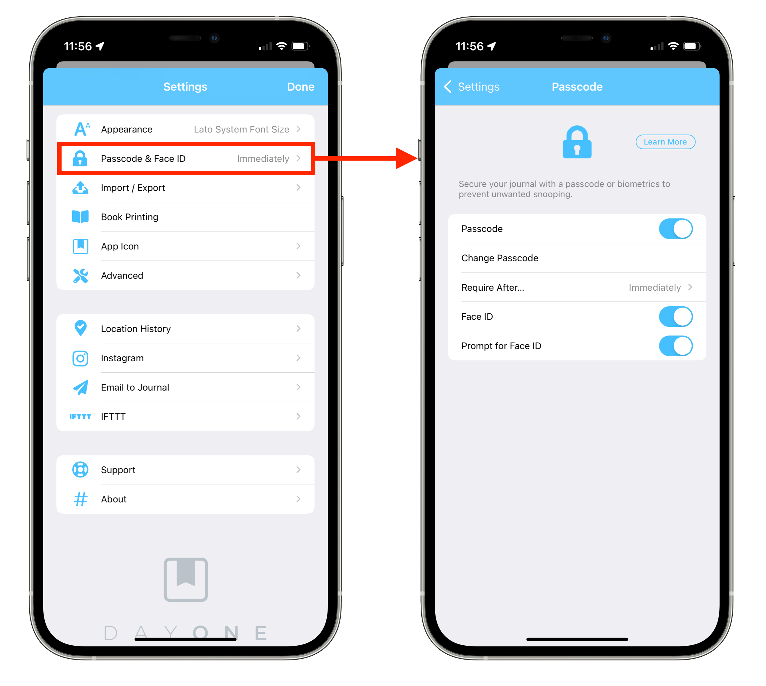 Passcode + Biometrics inapp options in Day One for iOS