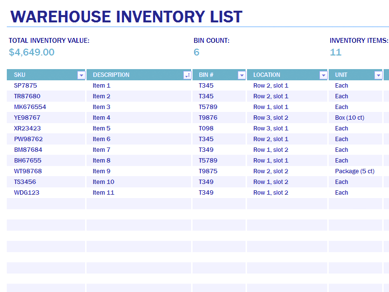 Sample Excel File Inventory —