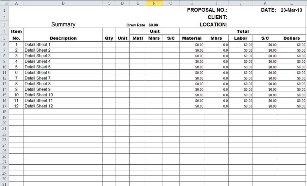 Millwork Estimating Spreadsheet —