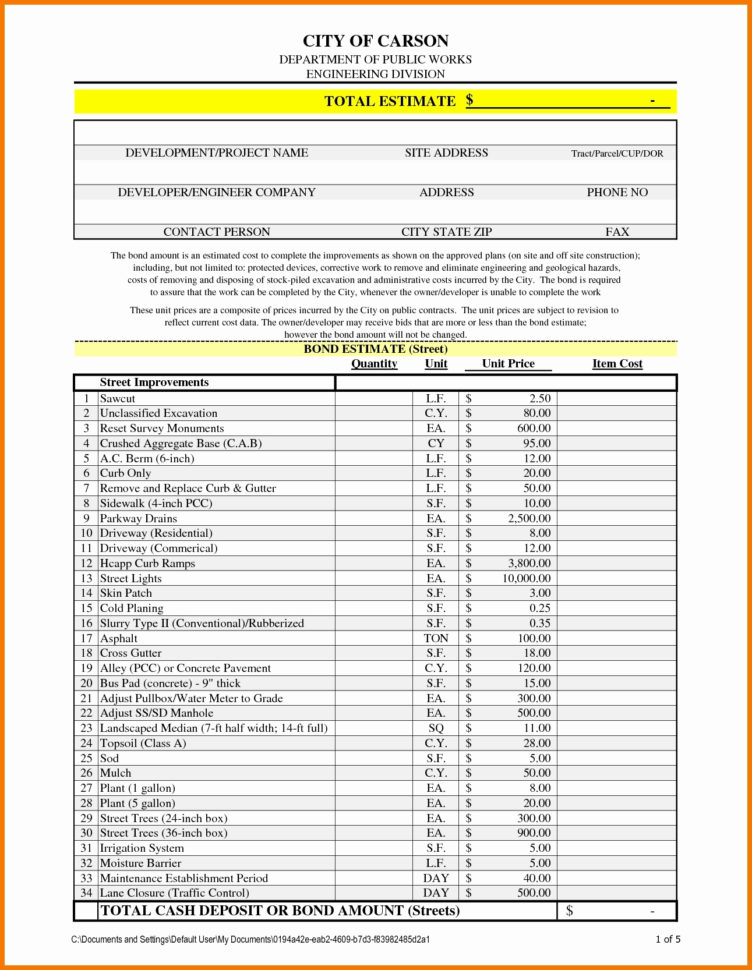 Commercial Construction Cost Estimate Spreadsheet Example of Spreadshee