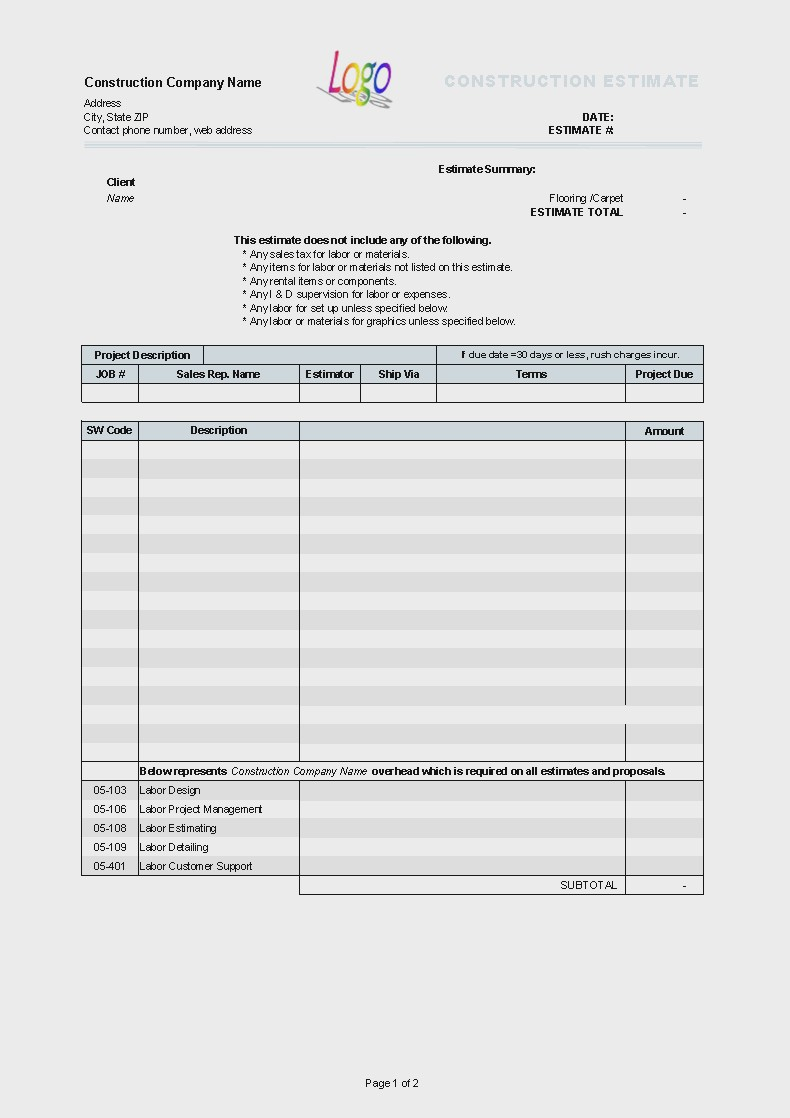 Contractor Estimate Form Construction Template Printed Idea and