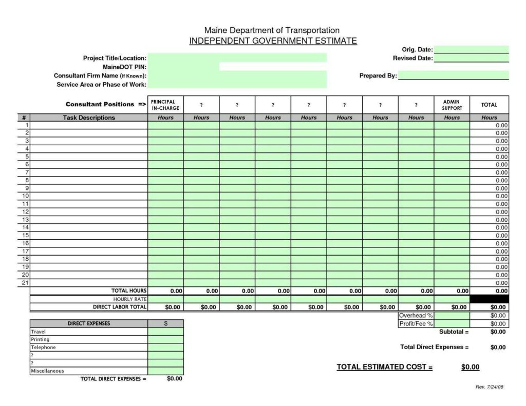 Free Construction Cost Estimate Excel Template Resume