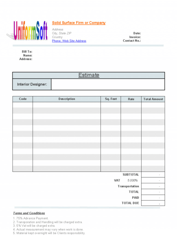 Construction Estimating Forms Template Example of Spreadshee