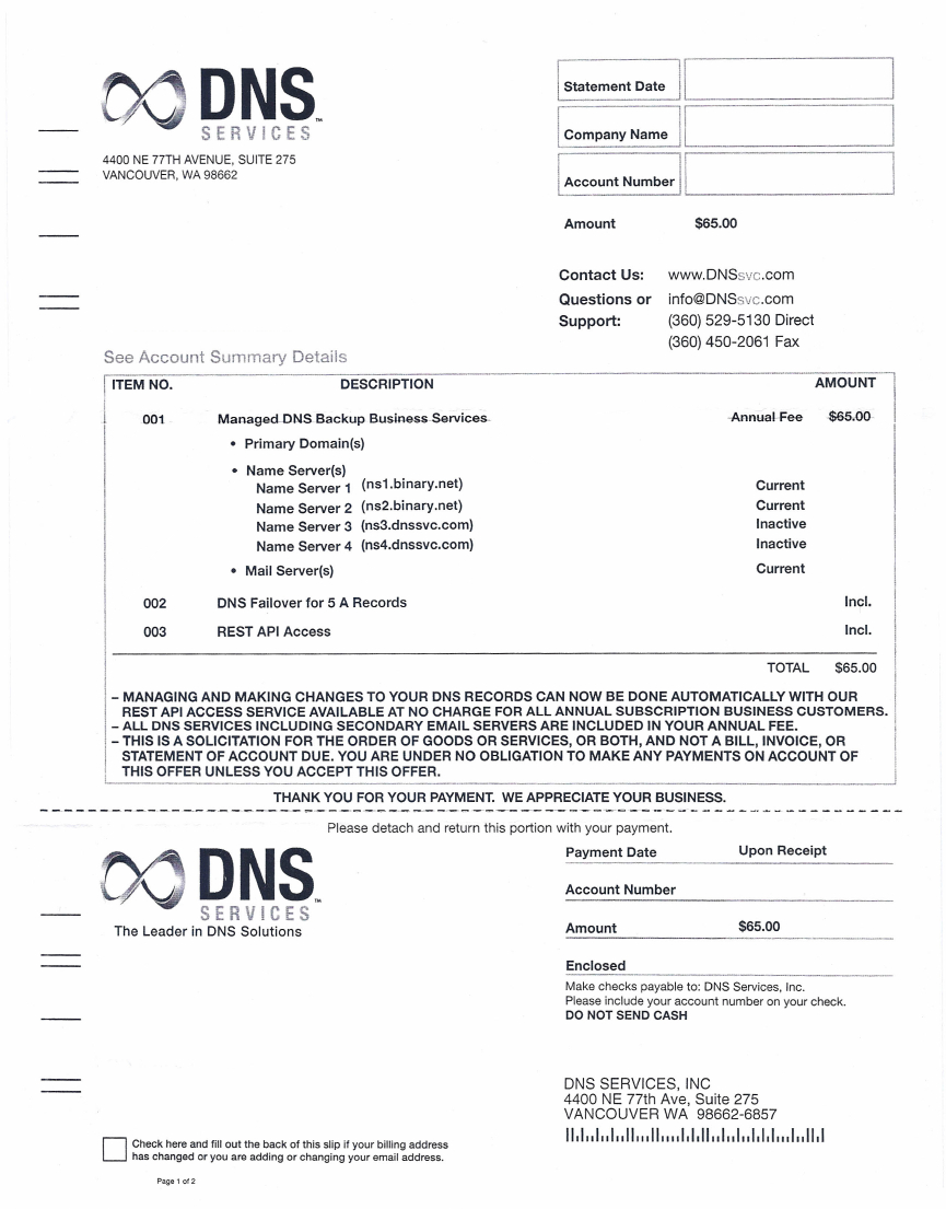 Invoice Letter From Dns Services (Or Another Company) For