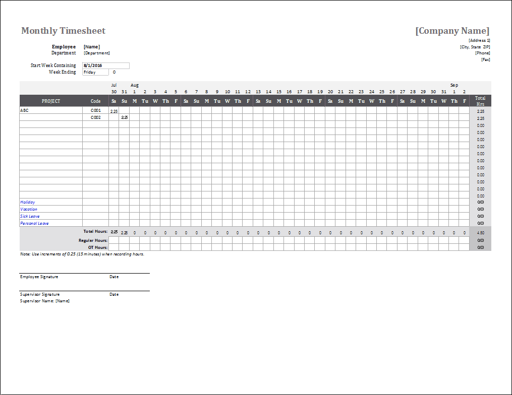 Employee Timesheet Spreadsheet —