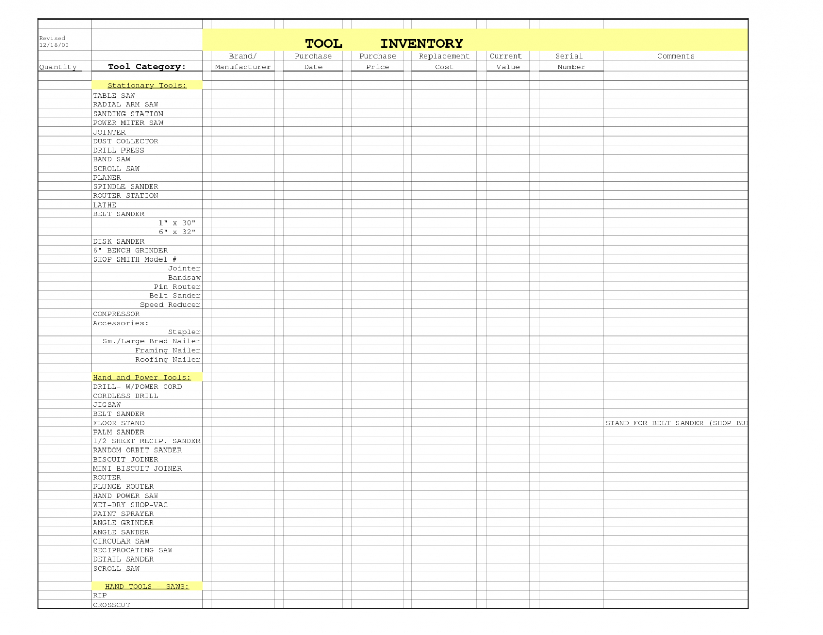 Tool Inventory Spreadsheet Spreadsheet Softwar tool inventory