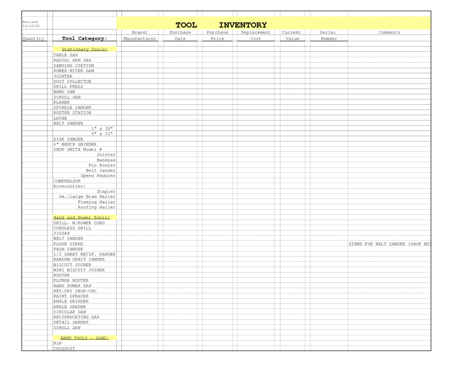 Tool Inventory Spreadsheet Spreadsheet Softwar tool inventory