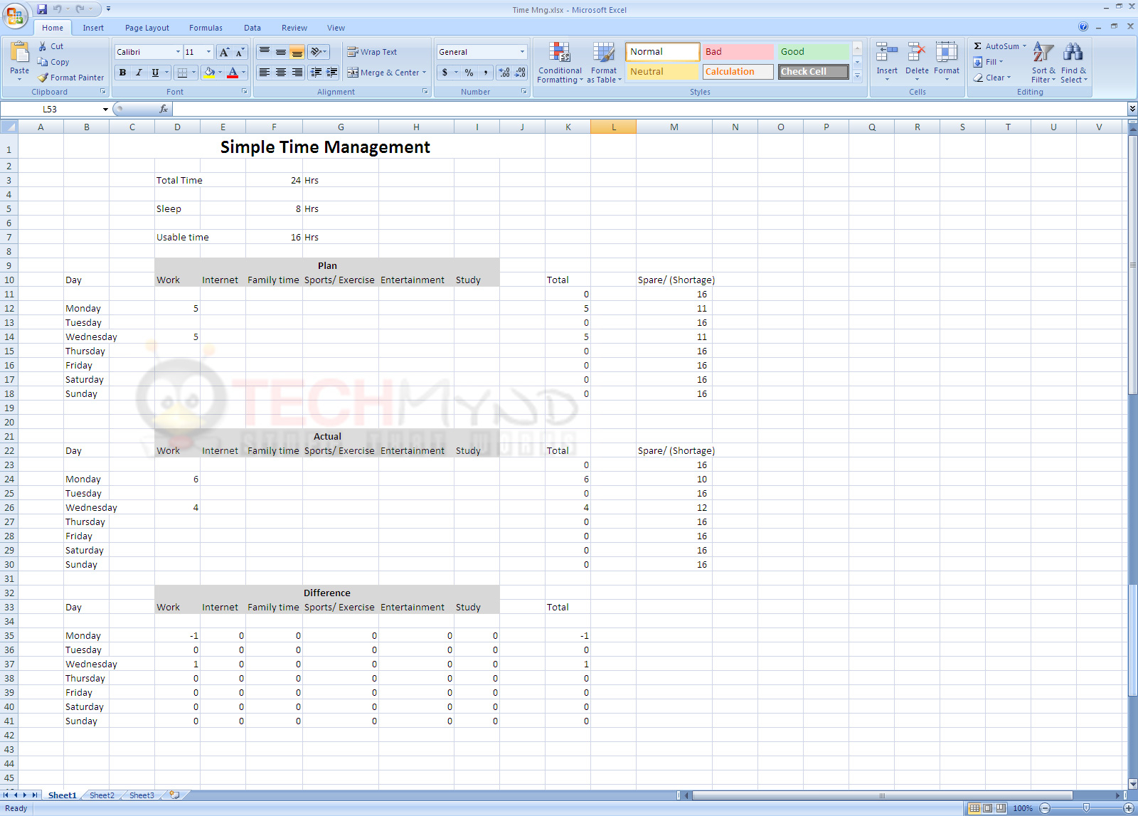 Time Management Excel Template —