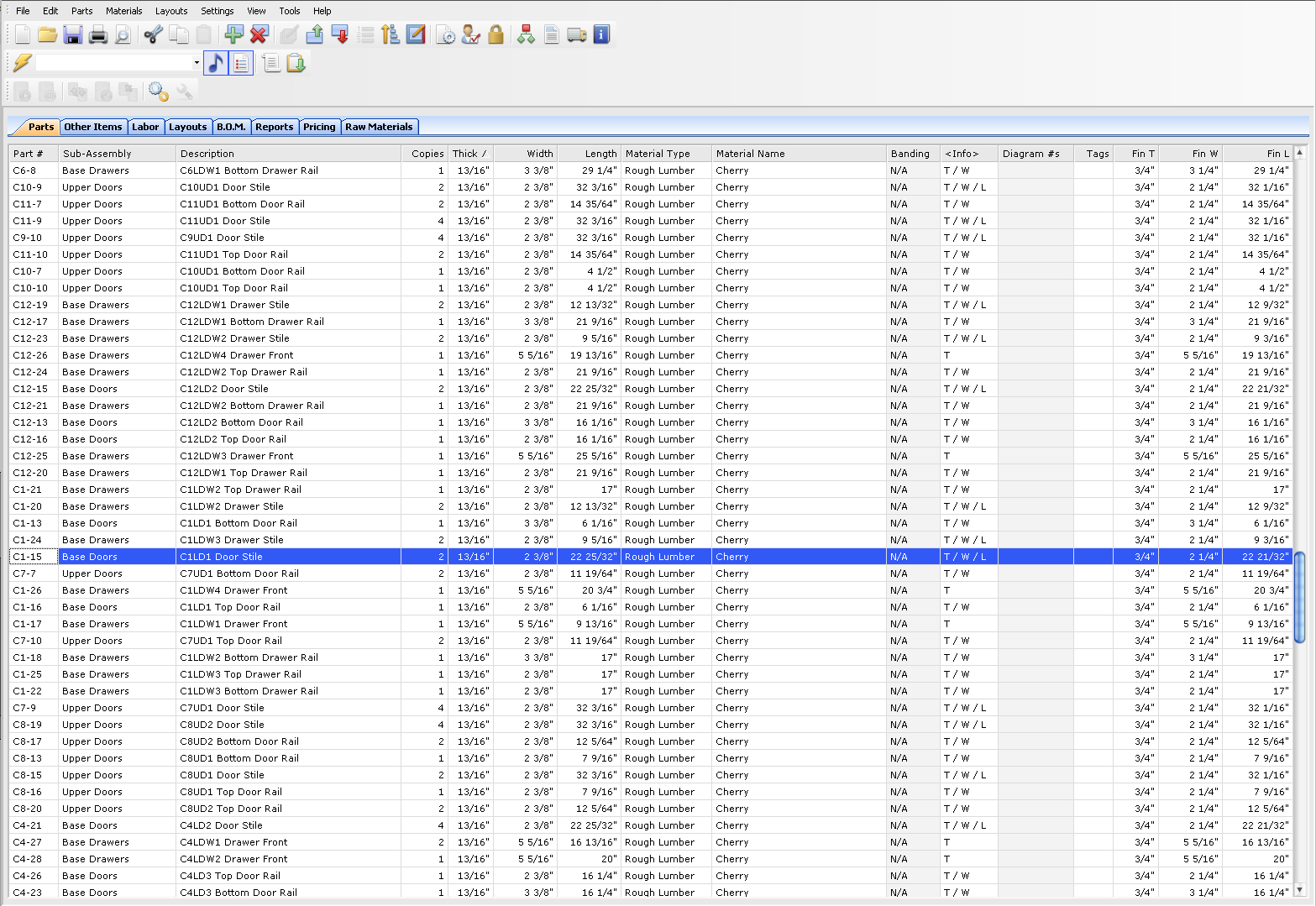 Cut List Spreadsheet in Production Documentation Cabwriter